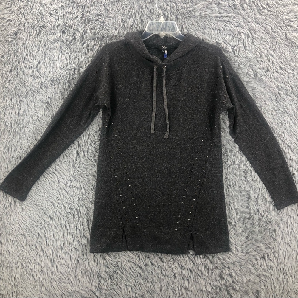 Orly Shirt Womens Small Grey Embellished Long Sleeve Hooded Pullover